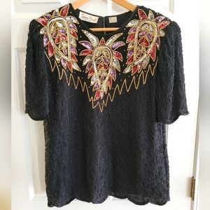 Laurence Kazar 100% silk scalloped beaded sequined shirt Large